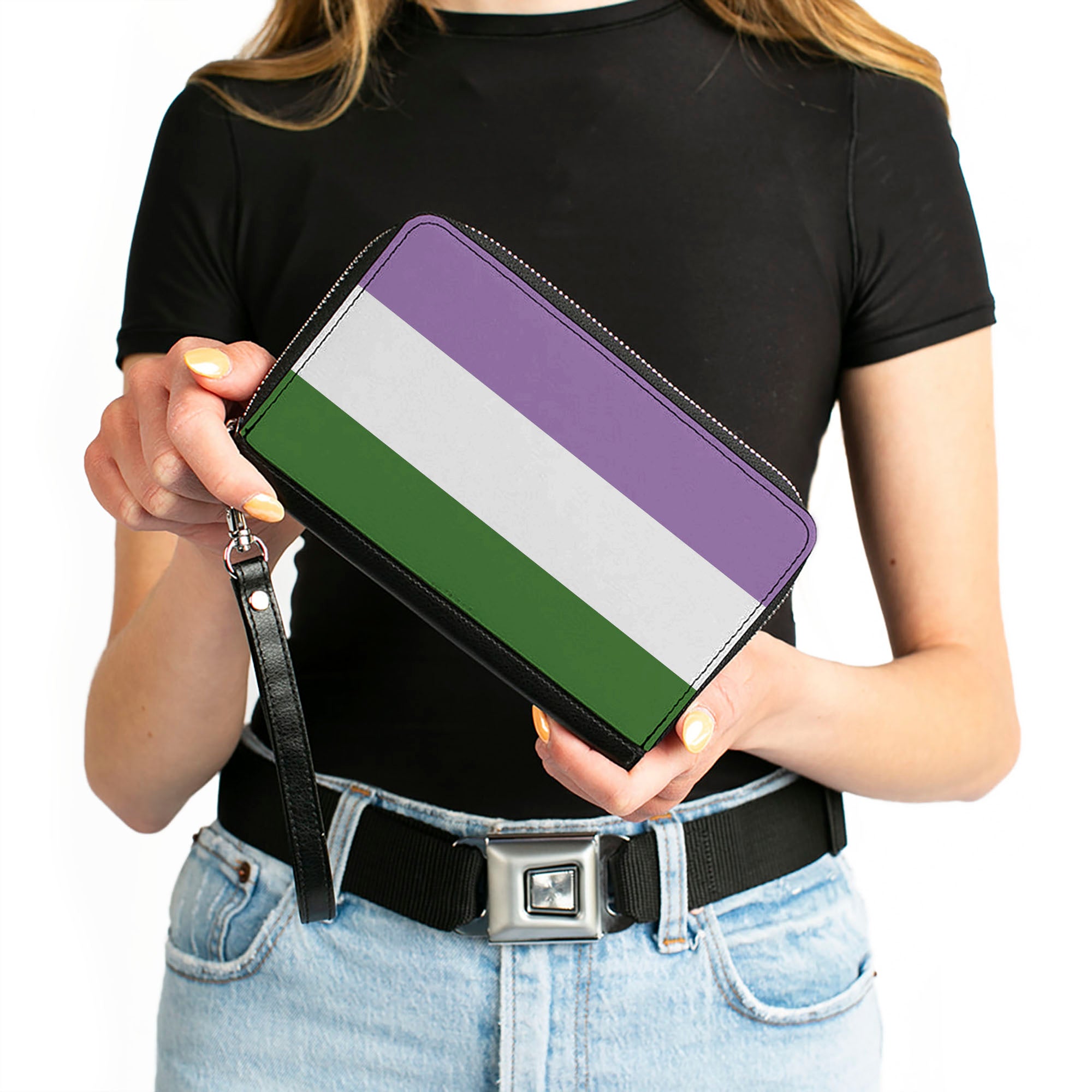 Women's PU Zip Around Wallet Rectangle - Flag Genderqueer Lavender White Green Clutch Zip Around Wallets Buckle-Down   