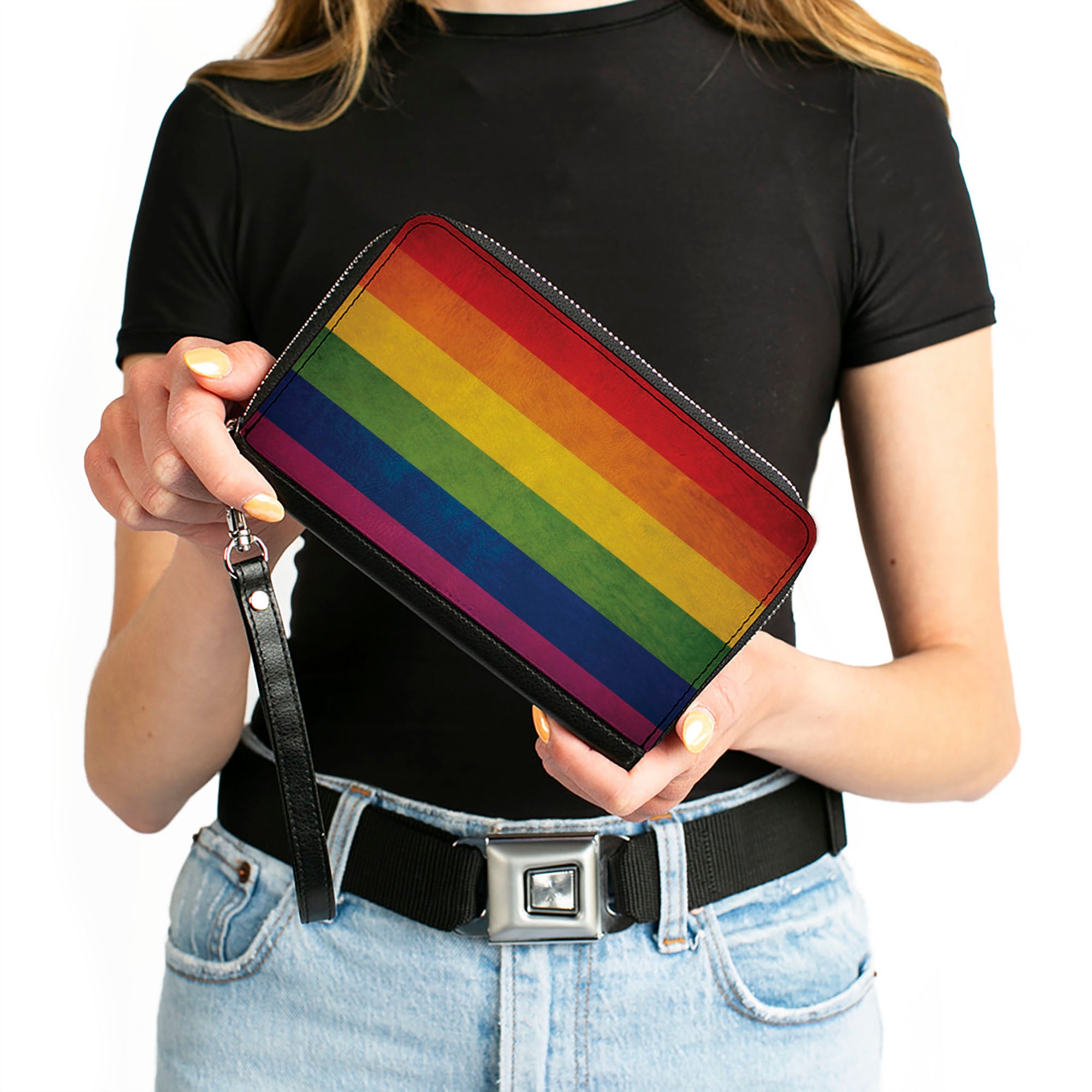Women's PU Zip Around Wallet Rectangle - Flag Pride Distressed Rainbow Clutch Zip Around Wallets Buckle-Down   
