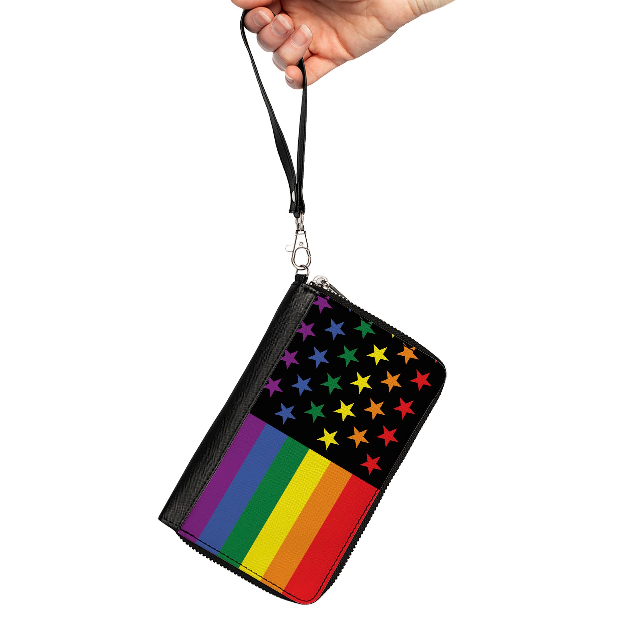 Women's PU Zip Around Wallet Rectangle - Flag American Pride Rainbow Black Clutch Zip Around Wallets Buckle-Down   