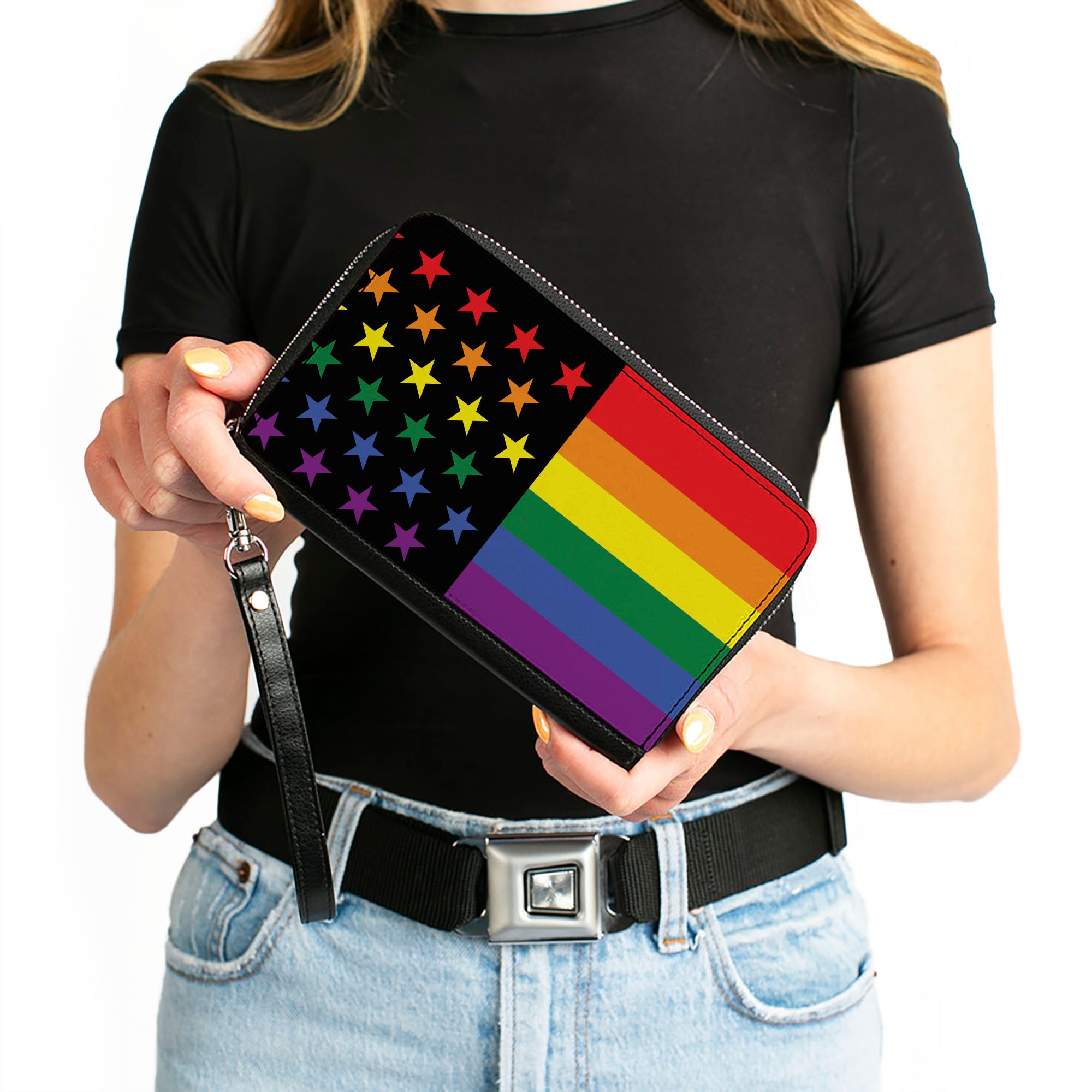 Women's PU Zip Around Wallet Rectangle - Flag American Pride Rainbow Black Clutch Zip Around Wallets Buckle-Down   