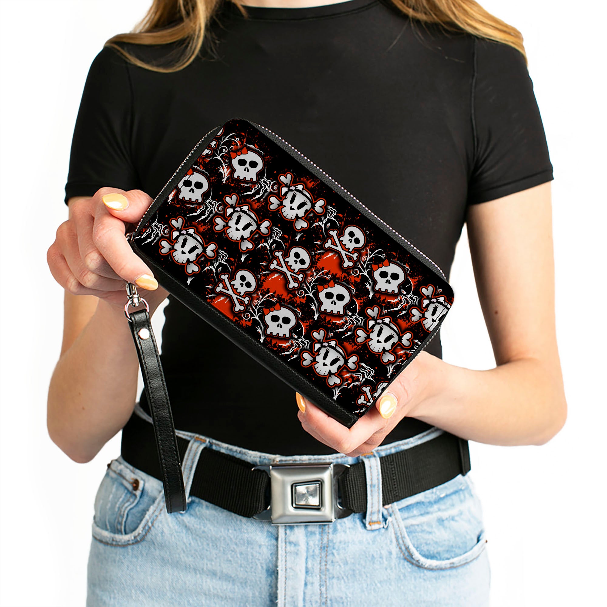 PU Zip Around Wallet Rectangle - Girlie Skull Black/Red Clutch Zip Around Wallets Buckle-Down   