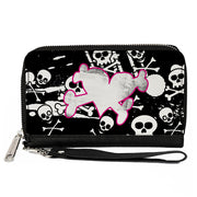PU Zip Around Wallet Rectangle - Heart & Cross Bones w/Skulls & Splatter Black/White Clutch Zip Around Wallets Buckle-Down   