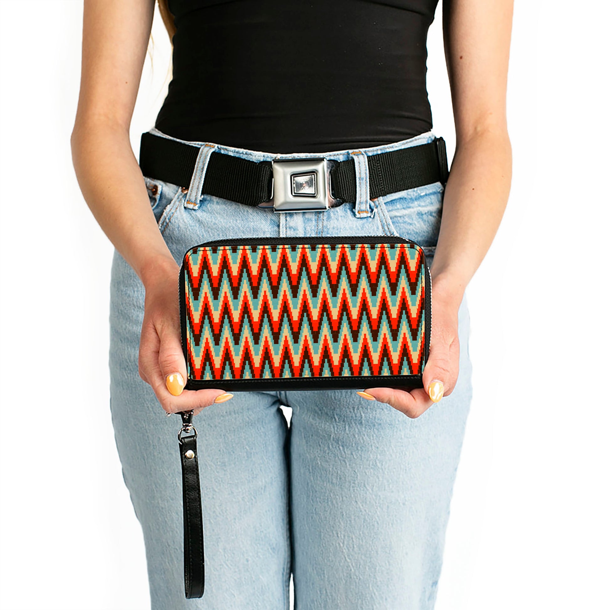 PU Zip Around Wallet Rectangle - Jagged Zig Zag Brown/Aqua/Cream/Red Clutch Zip Around Wallets Buckle-Down   