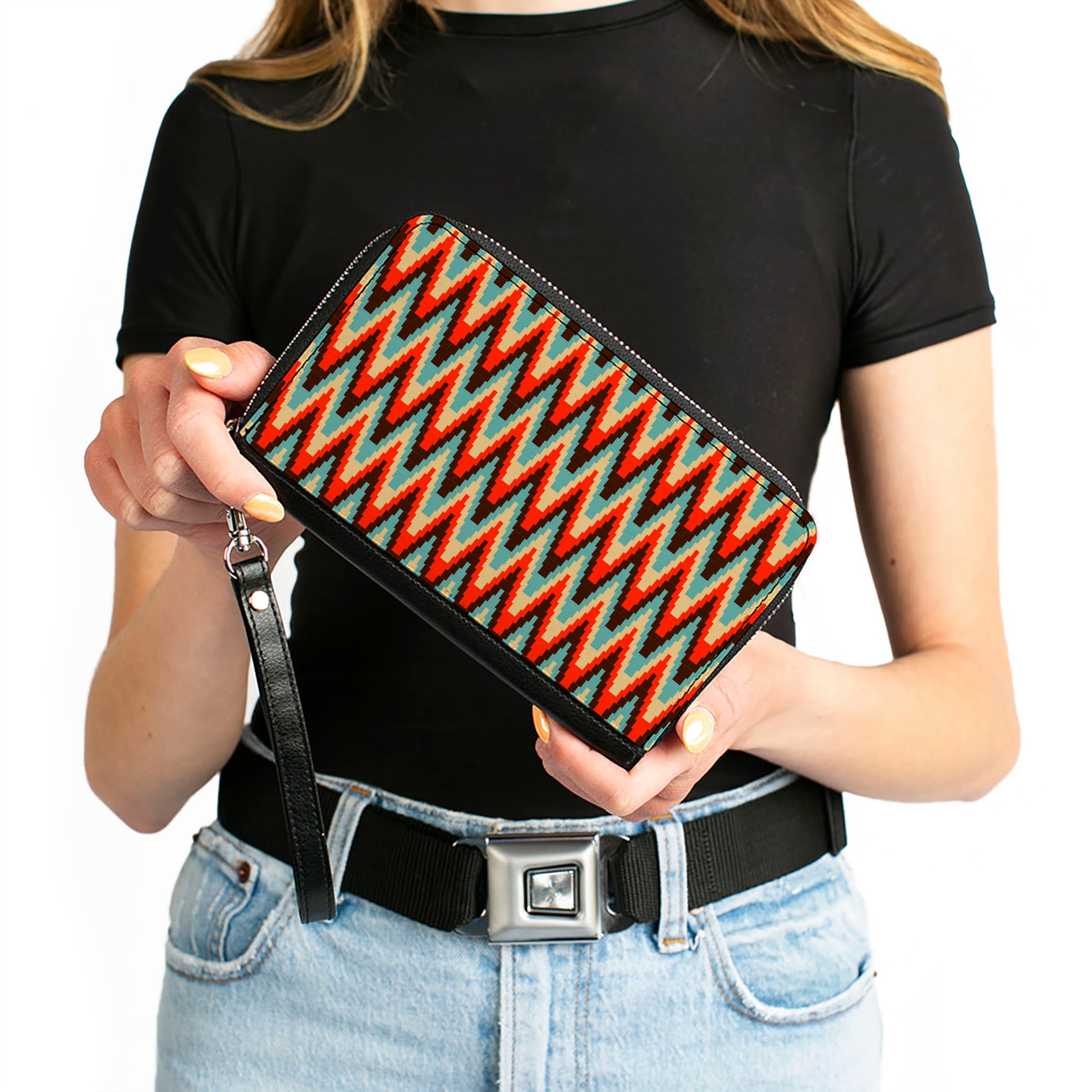 PU Zip Around Wallet Rectangle - Jagged Zig Zag Brown/Aqua/Cream/Red Clutch Zip Around Wallets Buckle-Down   