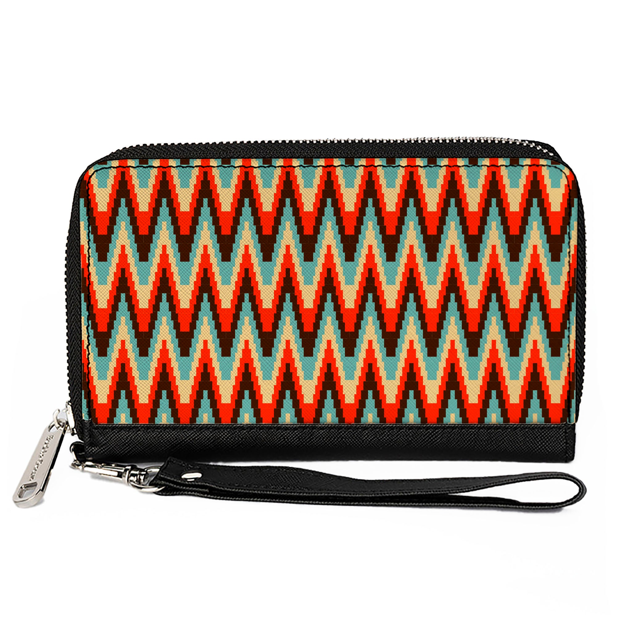 PU Zip Around Wallet Rectangle - Jagged Zig Zag Brown/Aqua/Cream/Red Clutch Zip Around Wallets Buckle-Down   