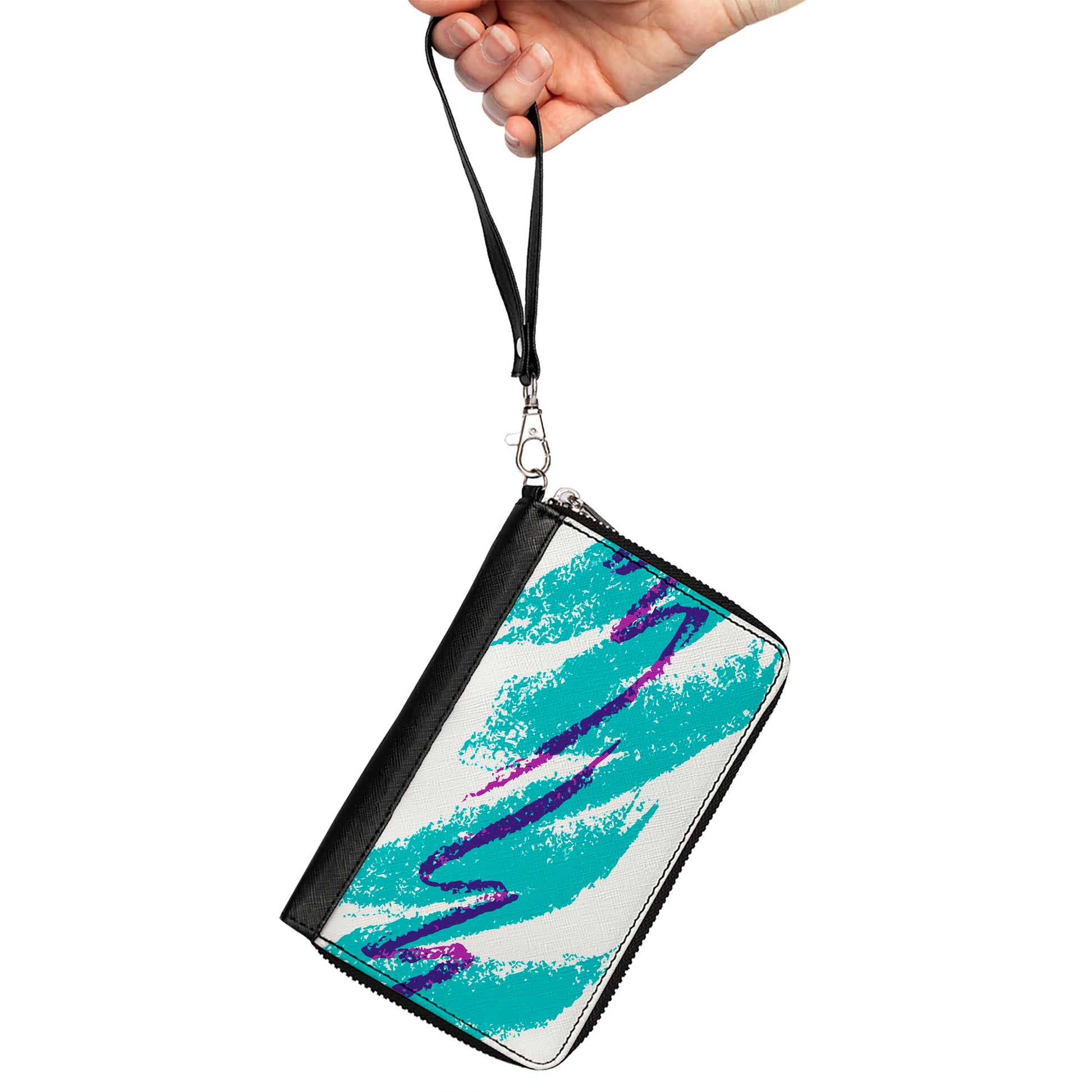 Women's PU Zip Around Wallet Rectangle - Jazzy Wave Scribble White Teal Purple Clutch Zip Around Wallets Buckle-Down   