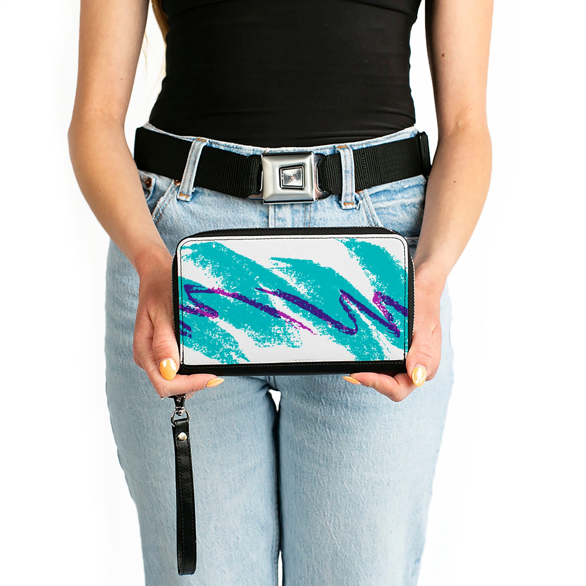 Women's PU Zip Around Wallet Rectangle - Jazzy Wave Scribble White Teal Purple Clutch Zip Around Wallets Buckle-Down   