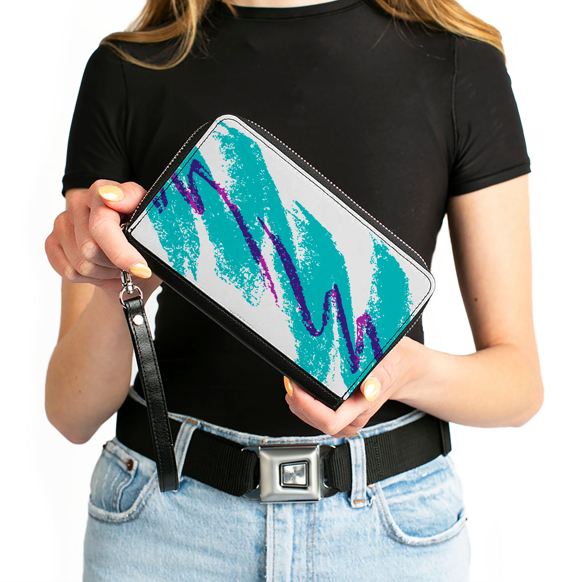 Women's PU Zip Around Wallet Rectangle - Jazzy Wave Scribble White Teal Purple Clutch Zip Around Wallets Buckle-Down   