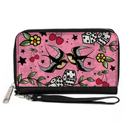 PU Zip Around Wallet Rectangle - Lucky CLOSE-UP Pink Clutch Zip Around Wallets Buckle-Down   