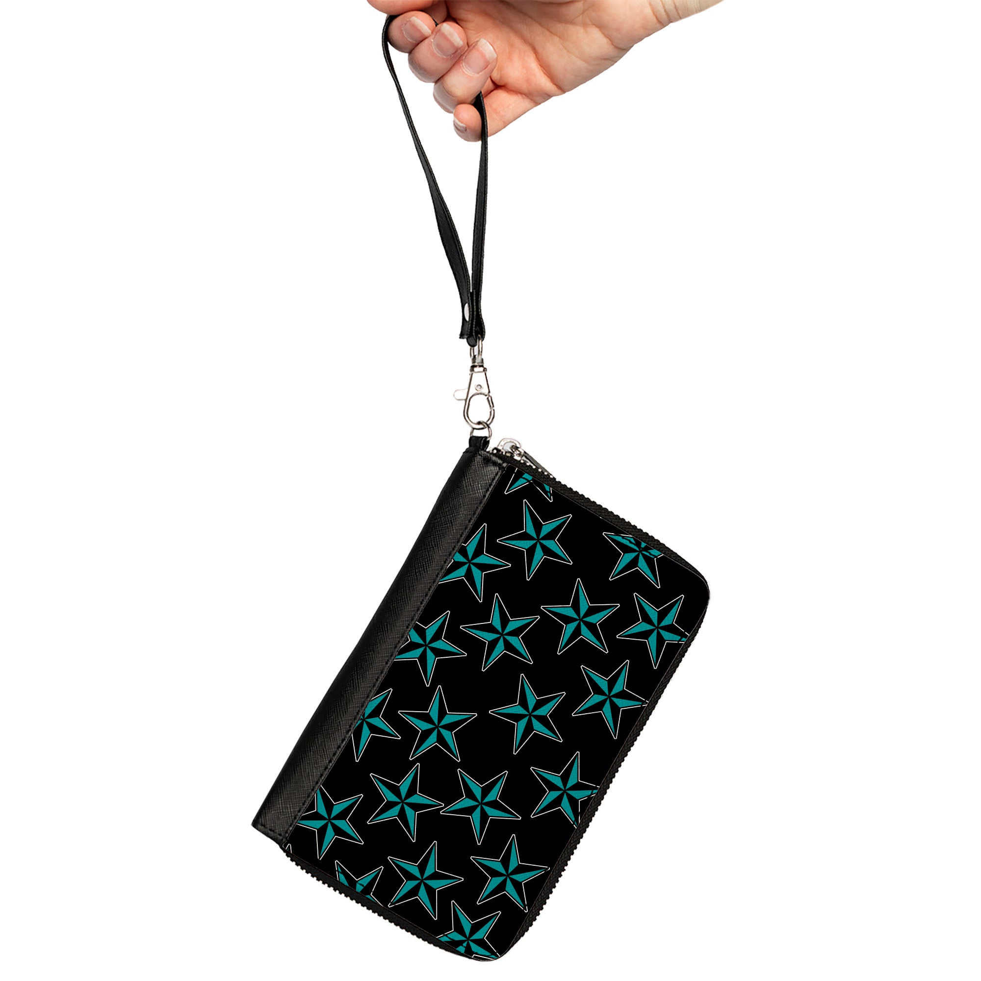 PU Zip Around Wallet Rectangle - Nautical Stars Scattered Black/Turquoise Clutch Zip Around Wallets Buckle-Down   