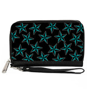 PU Zip Around Wallet Rectangle - Nautical Stars Scattered Black/Turquoise Clutch Zip Around Wallets Buckle-Down   
