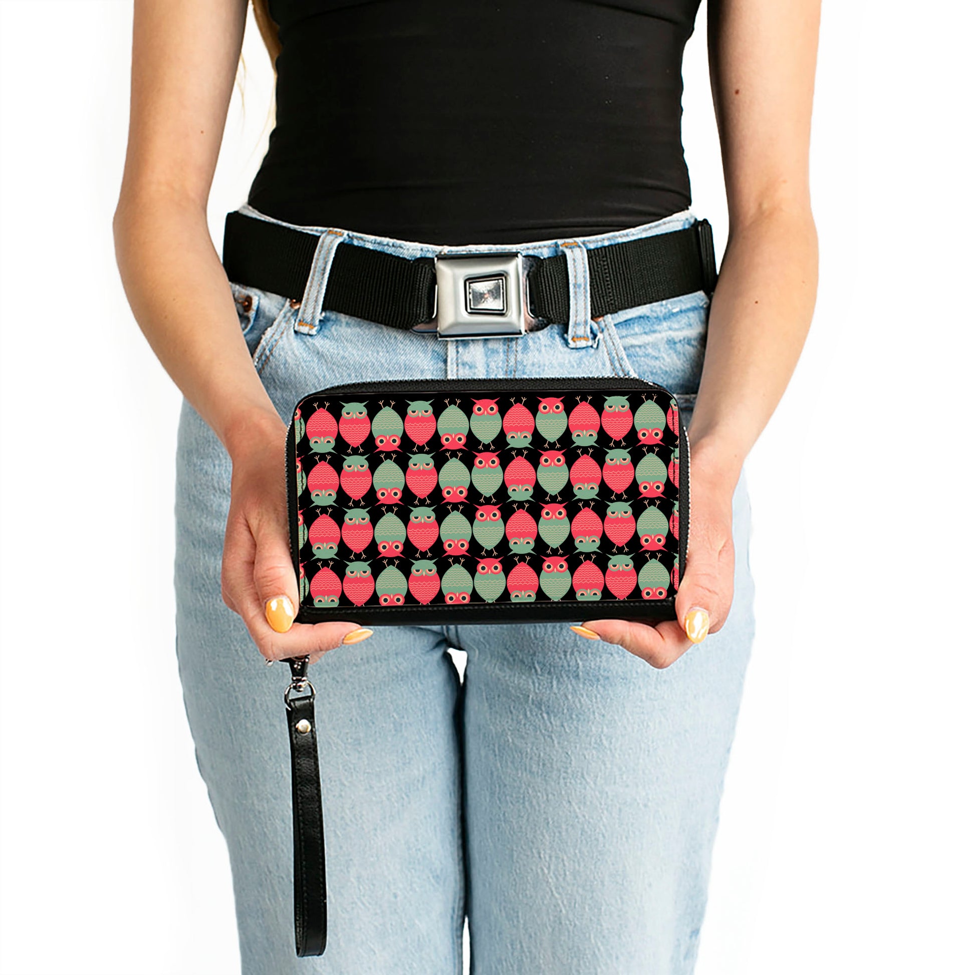 PU Zip Around Wallet Rectangle - Owls Flip Black/Mauve/Sage Clutch Zip Around Wallets Buckle-Down   