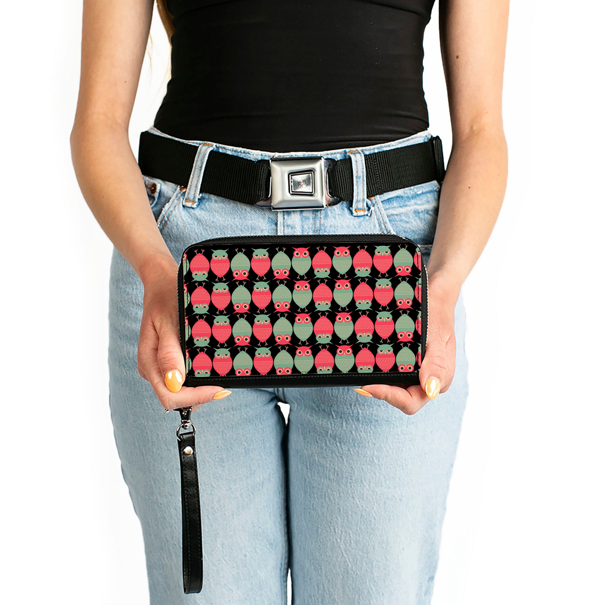 PU Zip Around Wallet Rectangle - Owls Flip Black/Mauve/Sage Clutch Zip Around Wallets Buckle-Down   