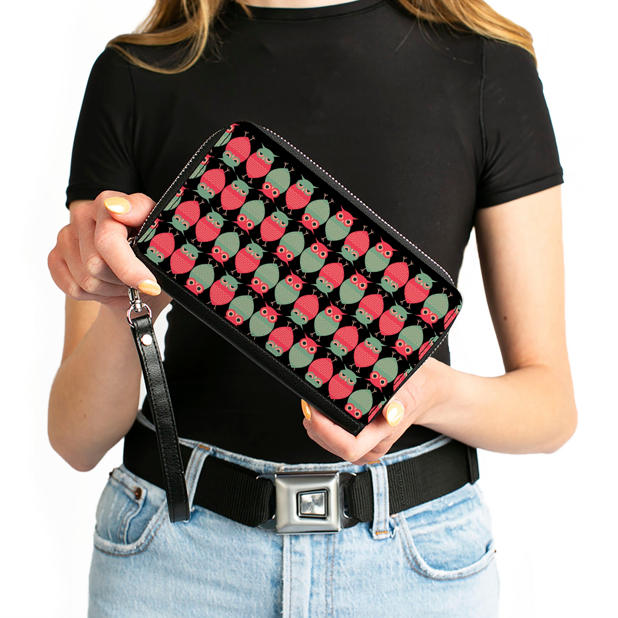 PU Zip Around Wallet Rectangle - Owls Flip Black/Mauve/Sage Clutch Zip Around Wallets Buckle-Down   