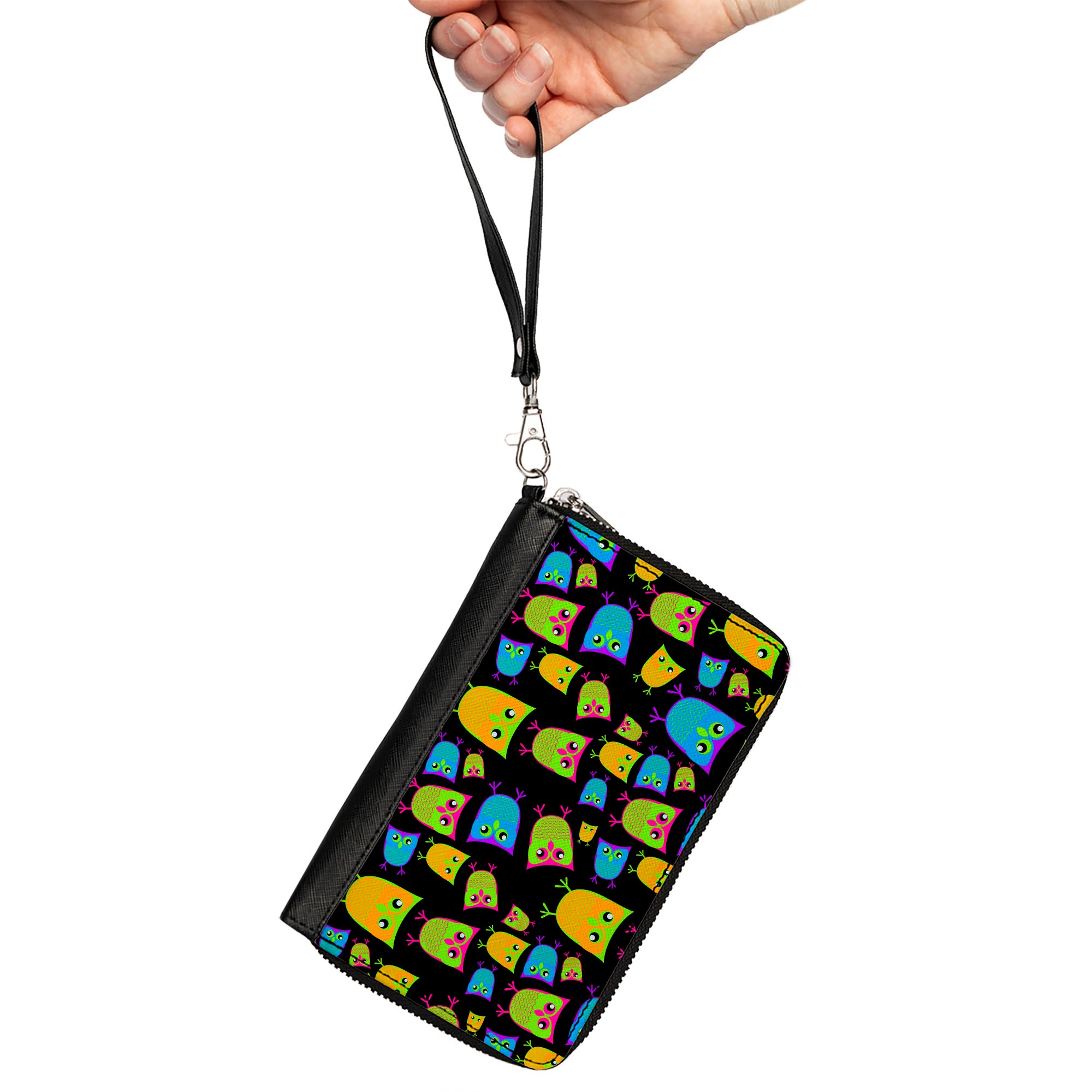 PU Zip Around Wallet Rectangle - Owls Black/Multi Neon Clutch Zip Around Wallets Buckle-Down   