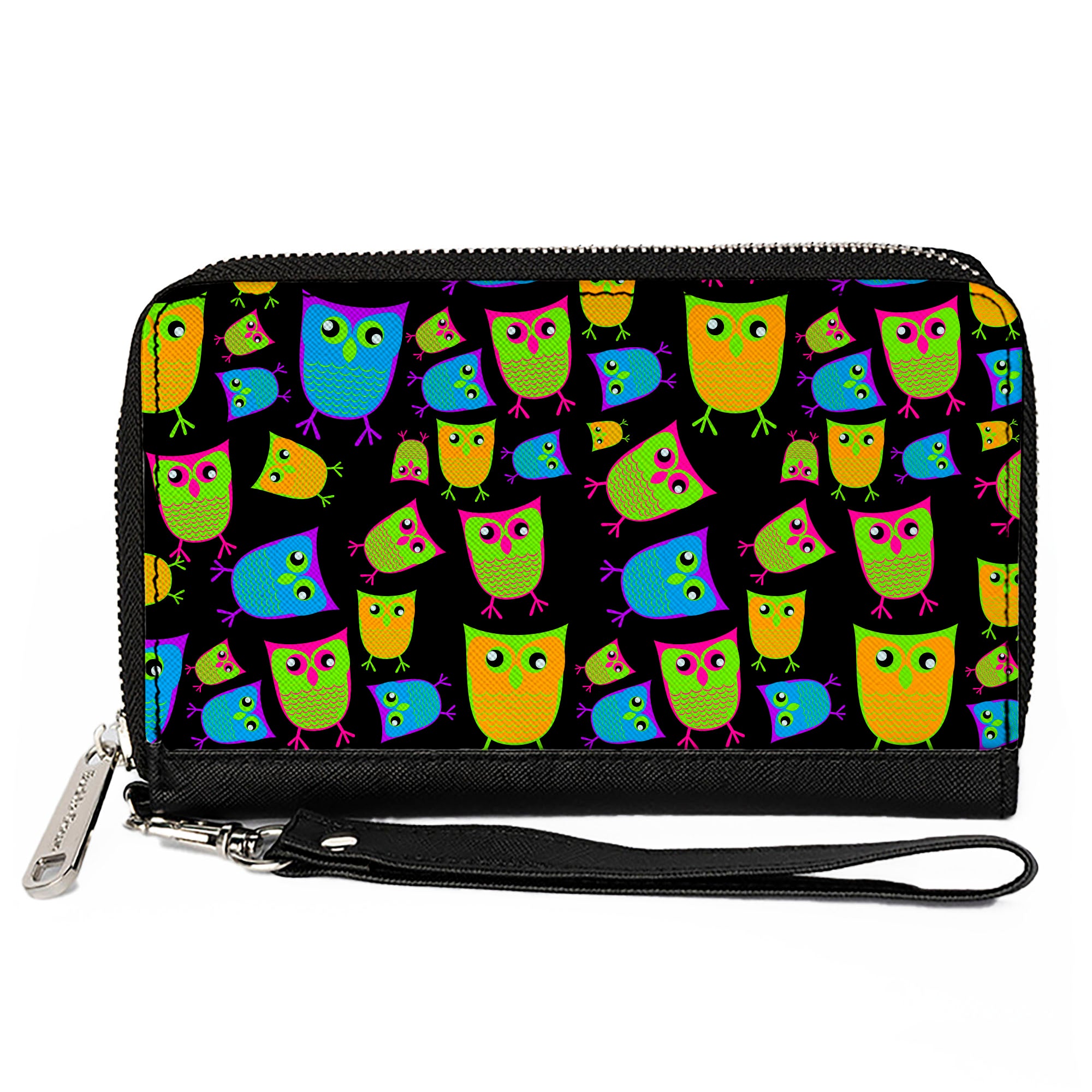PU Zip Around Wallet Rectangle - Owls Black/Multi Neon Clutch Zip Around Wallets Buckle-Down   