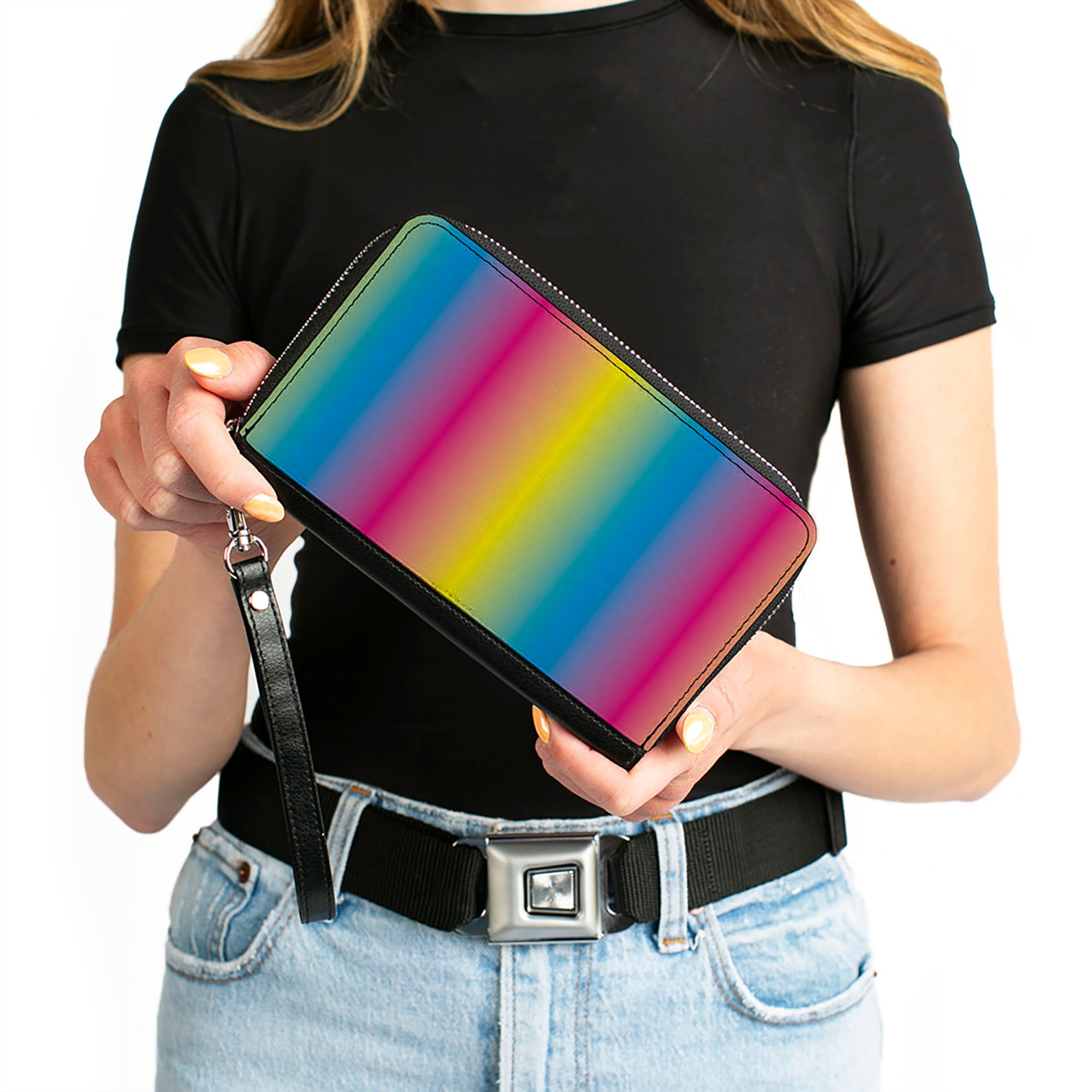PU Zip Around Wallet Rectangle - Rainbow Ombre Clutch Zip Around Wallets Buckle-Down   