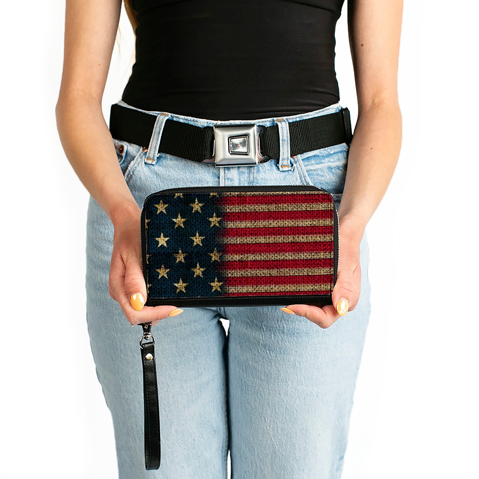 Women's PU Zip Around Wallet Rectangle - Vintage US Flag Stretch Clutch Zip Around Wallets Buckle-Down   