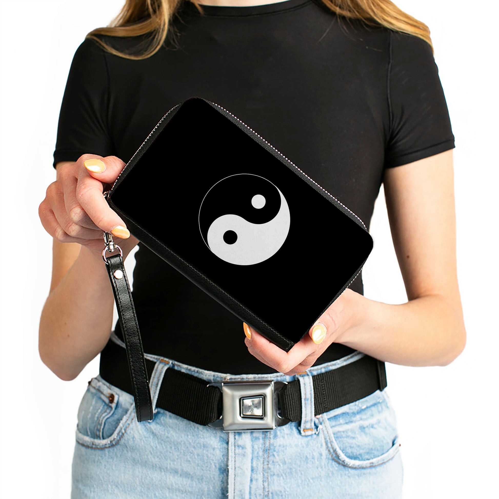 PU Zip Around Wallet Rectangle - Yin Yang Symbol Black/White Clutch Zip Around Wallets Buckle-Down   