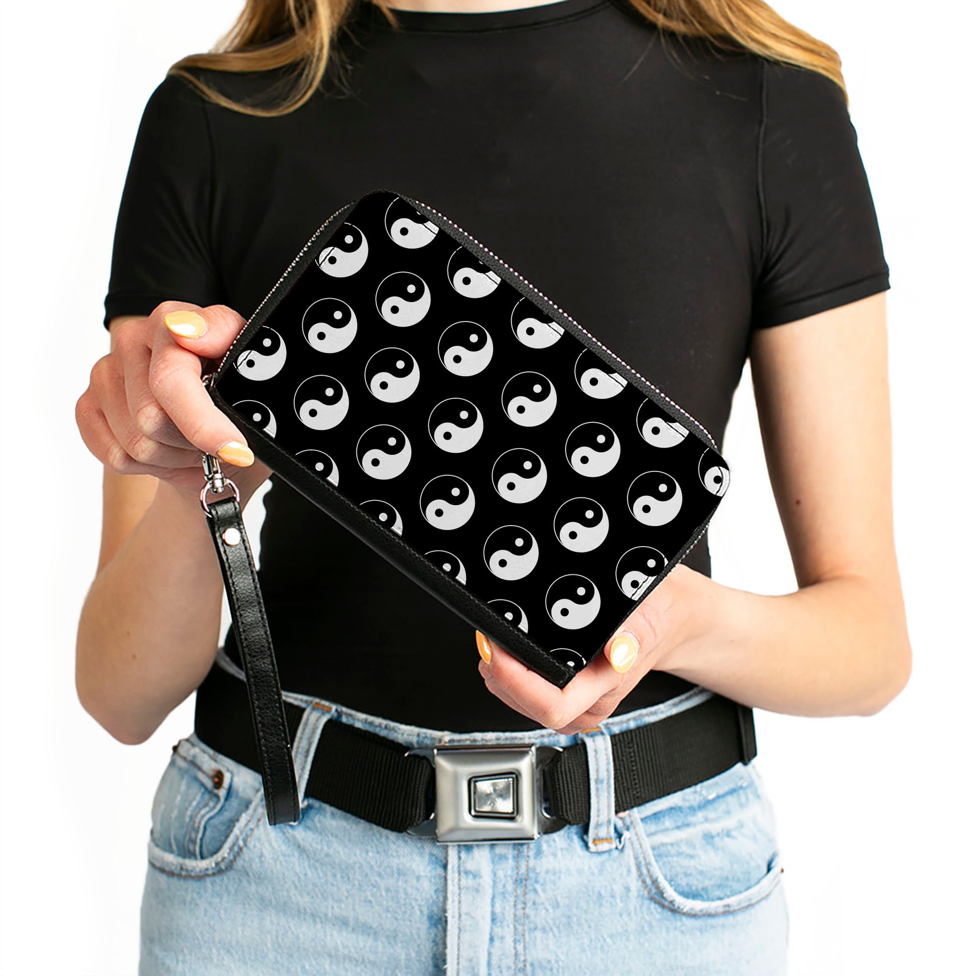 PU Zip Around Wallet Rectangle - Yin Yang Monogram Black/White Clutch Zip Around Wallets Buckle-Down   