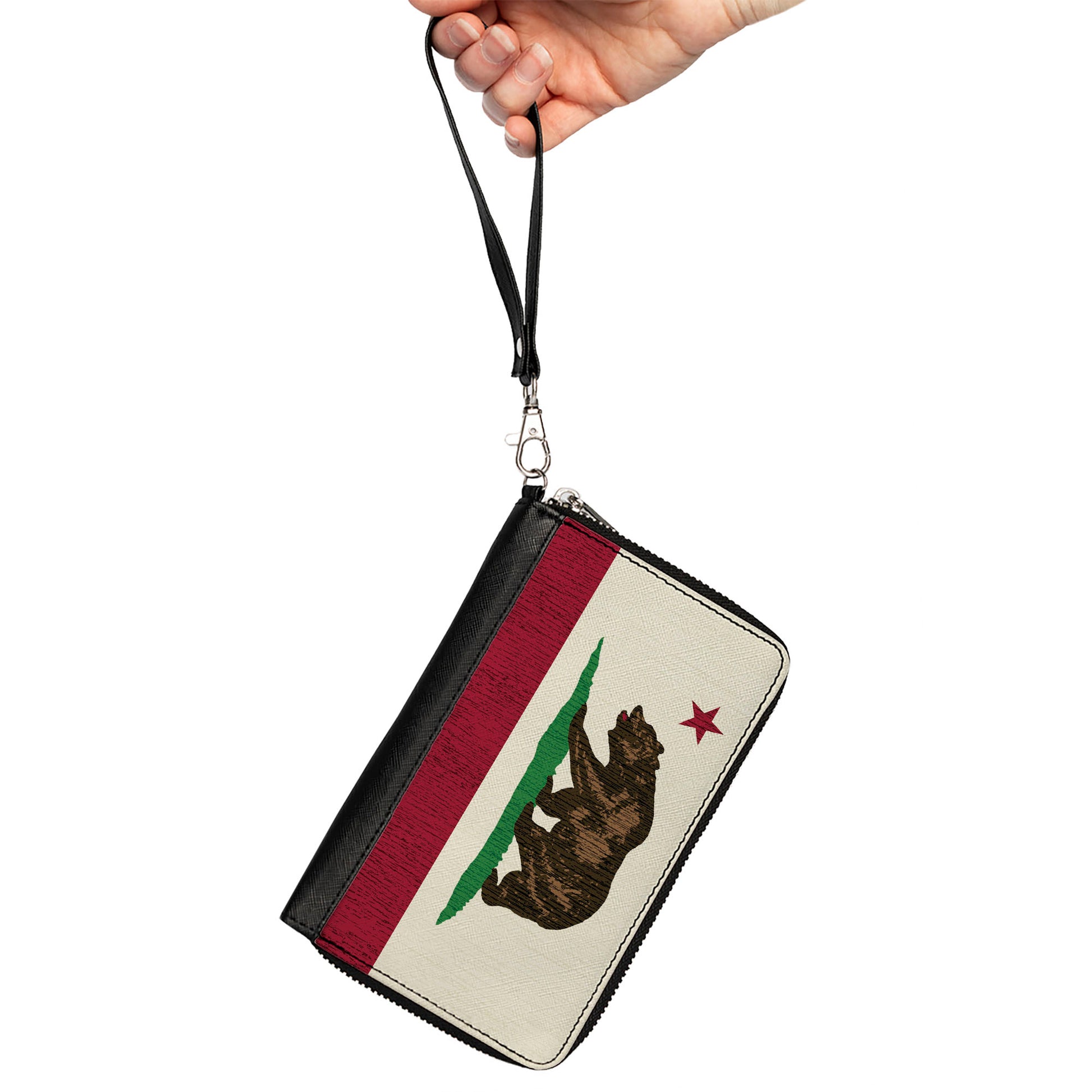 PU Zip Around Wallet Rectangle - California Flag Bear Weathered White Clutch Zip Around Wallets Buckle-Down   