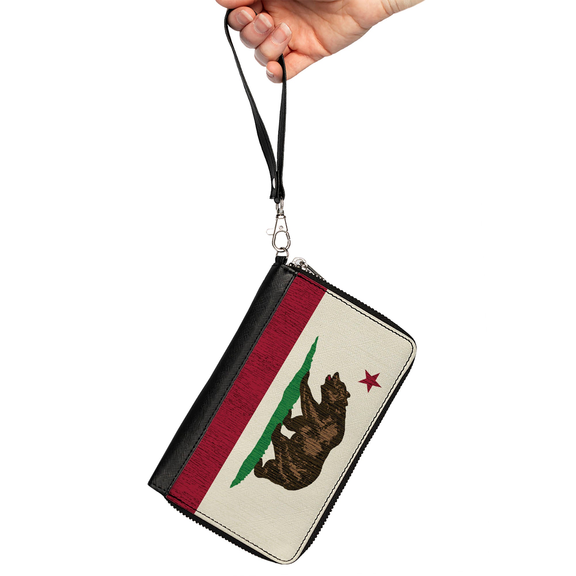 PU Zip Around Wallet Rectangle - California Flag Bear Weathered White Clutch Zip Around Wallets Buckle-Down   