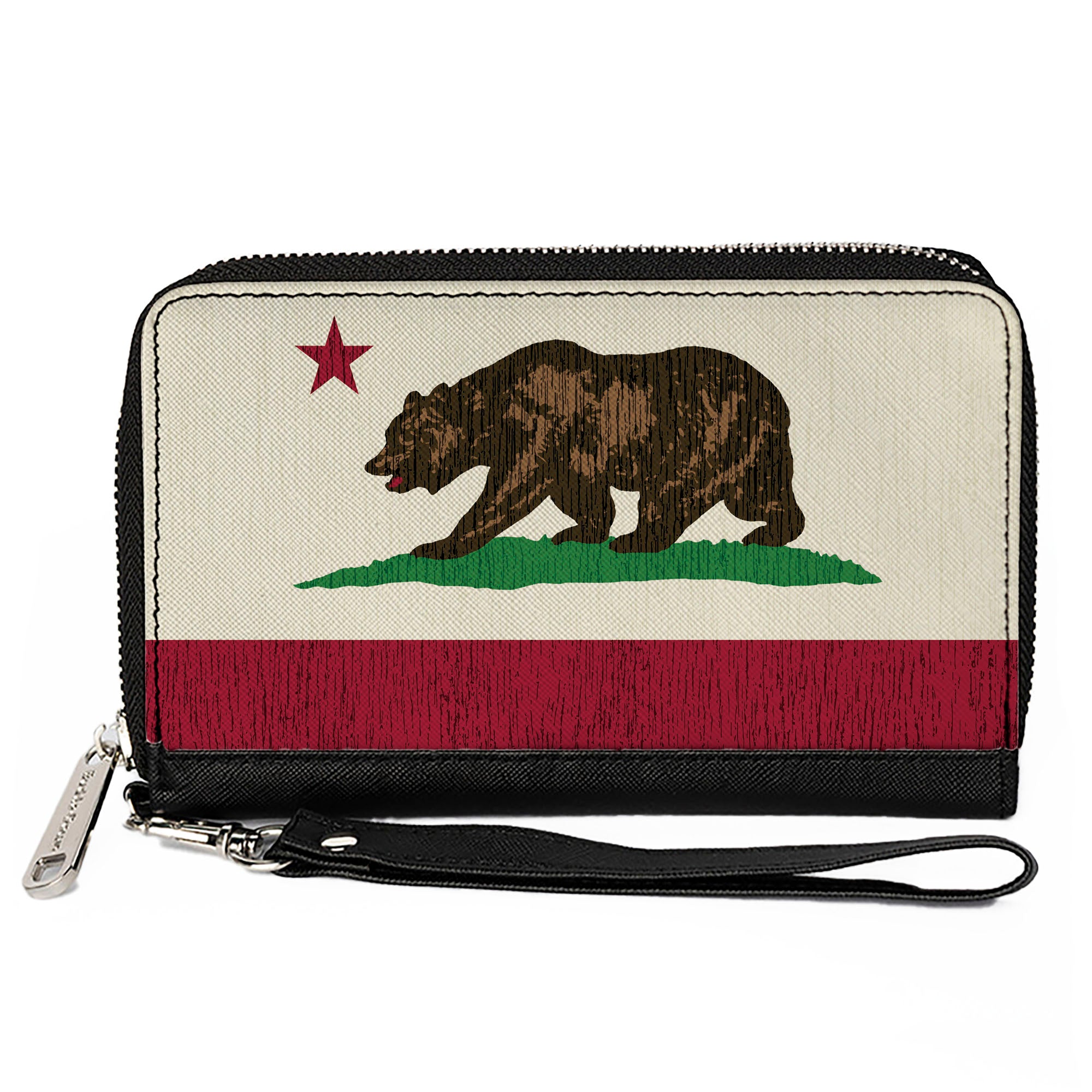 PU Zip Around Wallet Rectangle - California Flag Bear Weathered White Clutch Zip Around Wallets Buckle-Down   