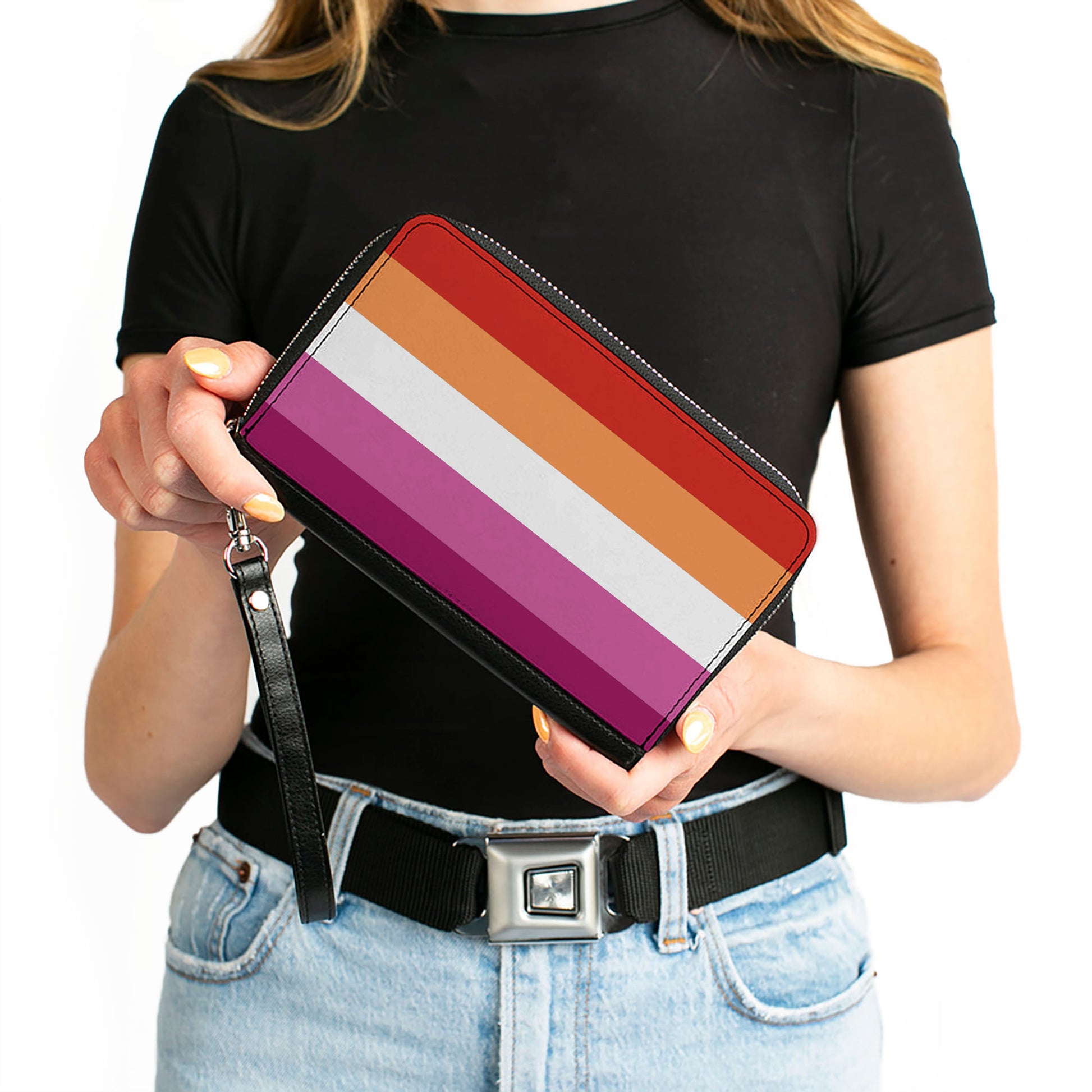 Women's PU Zip Around Wallet Rectangle - Flag Lesbian Five Stripe Oranges White Pinks Clutch Zip Around Wallets Buckle-Down   