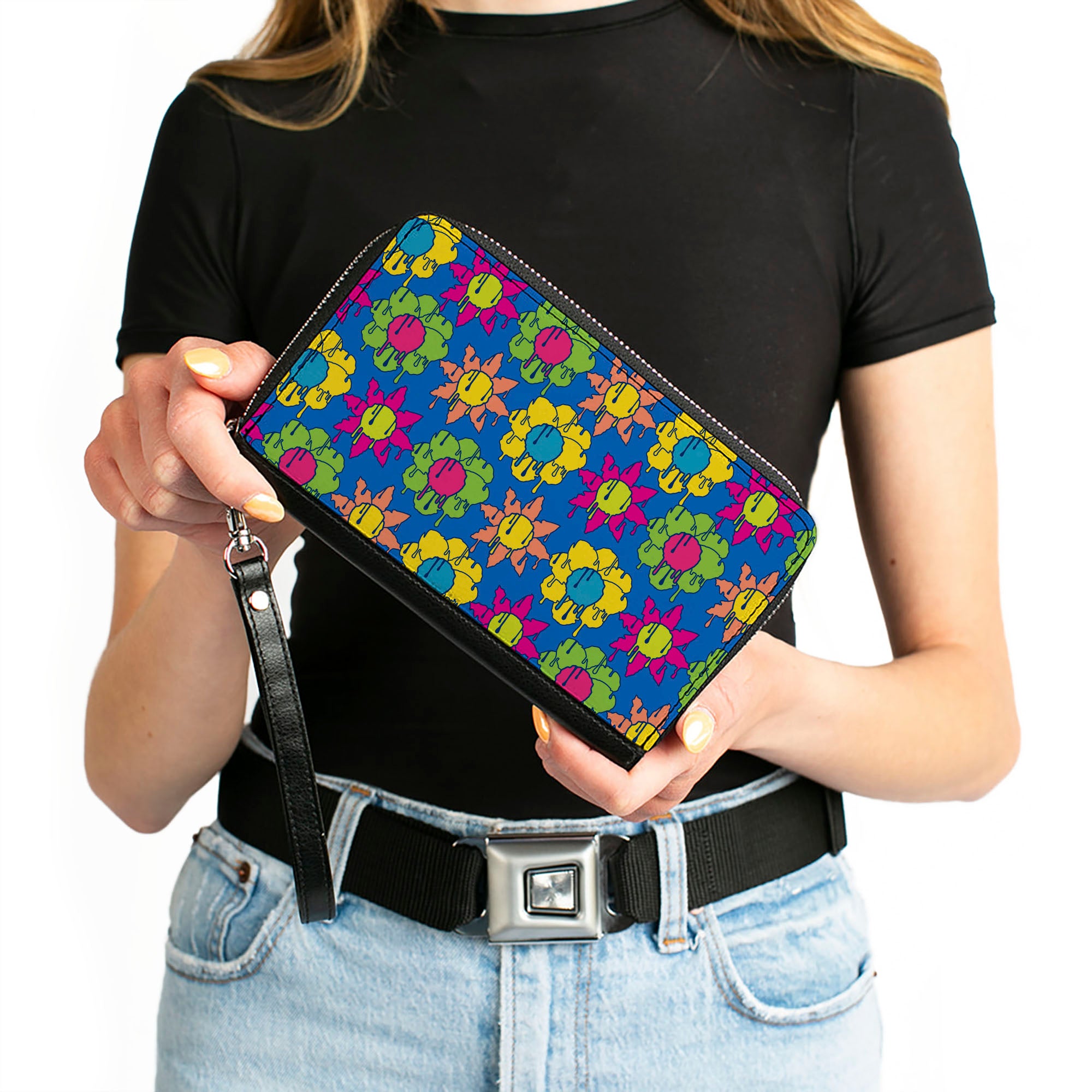 PU Zip Around Wallet Rectangle - Funky Flower Drip Blue/Multi Color Clutch Zip Around Wallets Buckle-Down   