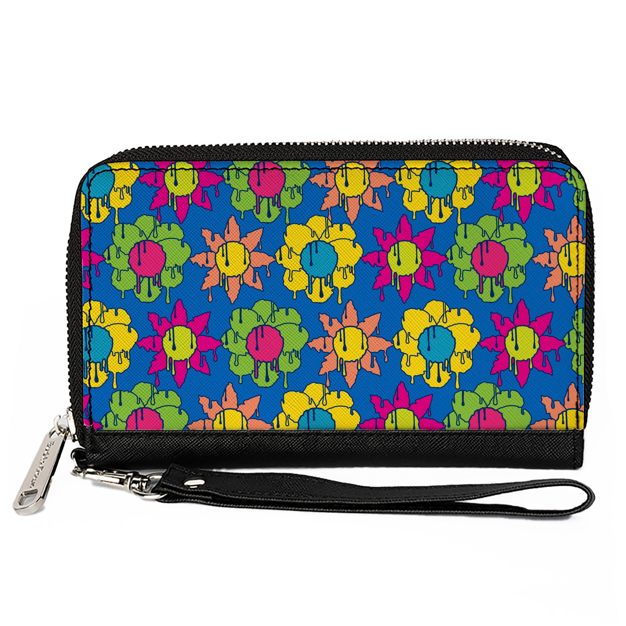 PU Zip Around Wallet Rectangle - Funky Flower Drip Blue/Multi Color Clutch Zip Around Wallets Buckle-Down   