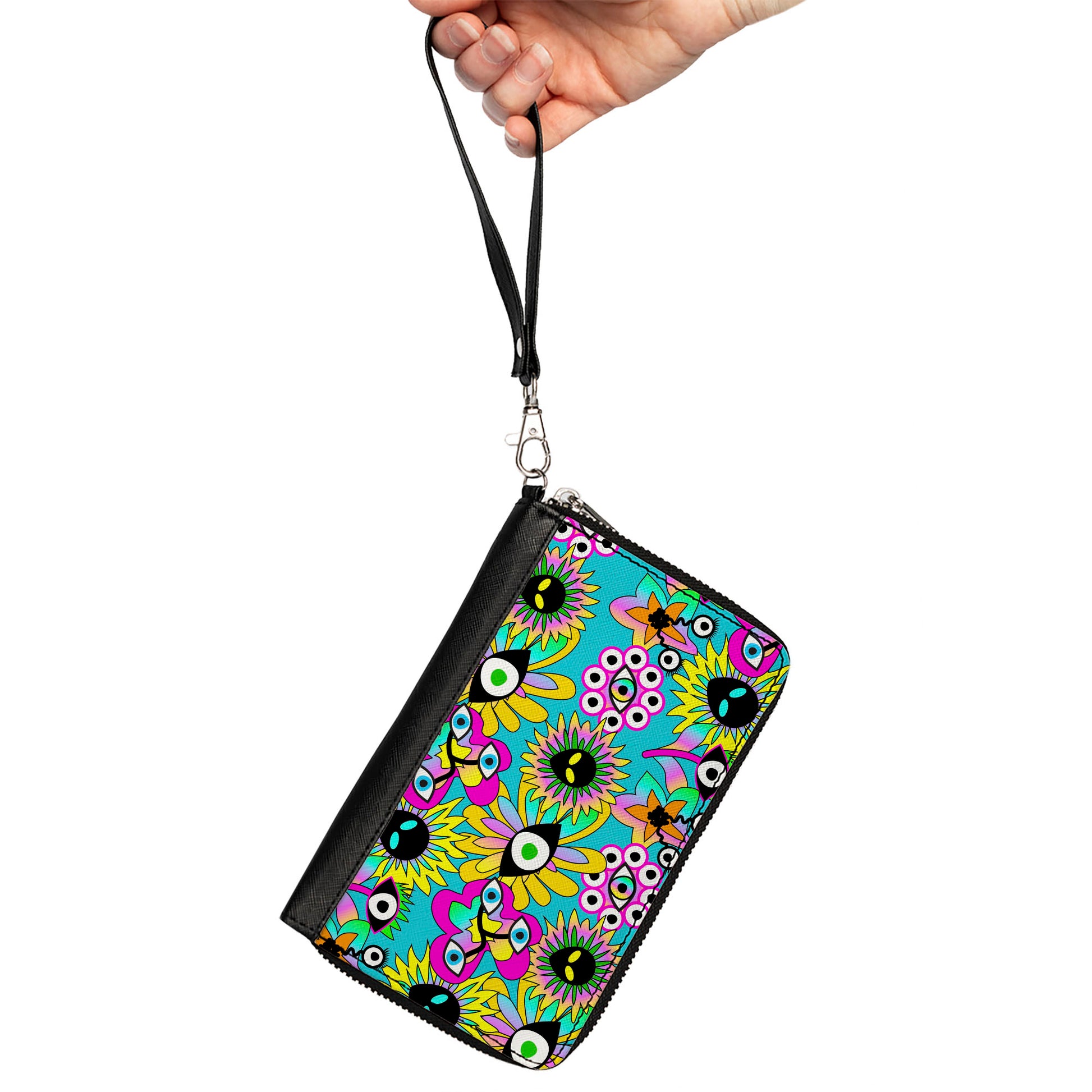 PU Zip Around Wallet Rectangle - Funky Alien Flowers Aqua Blue/Multi Color Clutch Zip Around Wallets Buckle-Down   