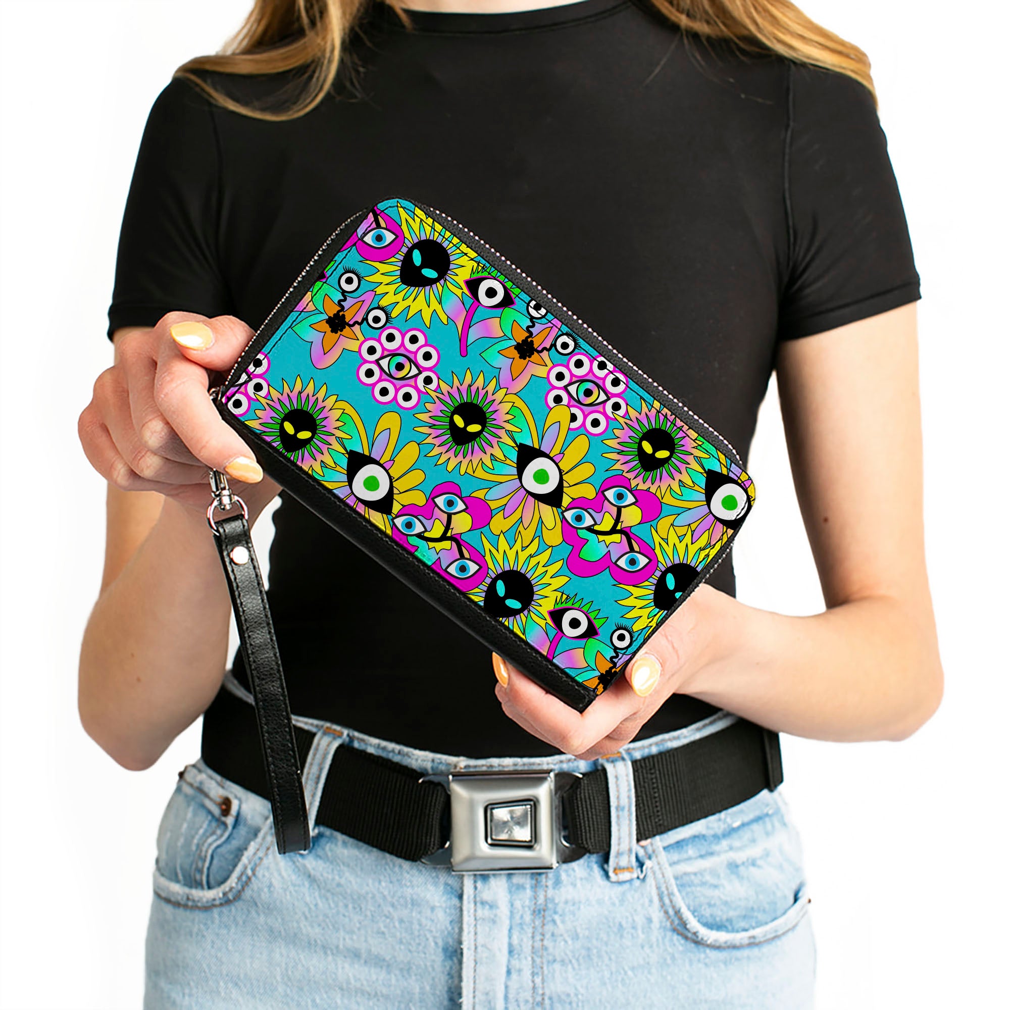 PU Zip Around Wallet Rectangle - Funky Alien Flowers Aqua Blue/Multi Color Clutch Zip Around Wallets Buckle-Down   