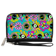 PU Zip Around Wallet Rectangle - Funky Alien Flowers Aqua Blue/Multi Color Clutch Zip Around Wallets Buckle-Down   