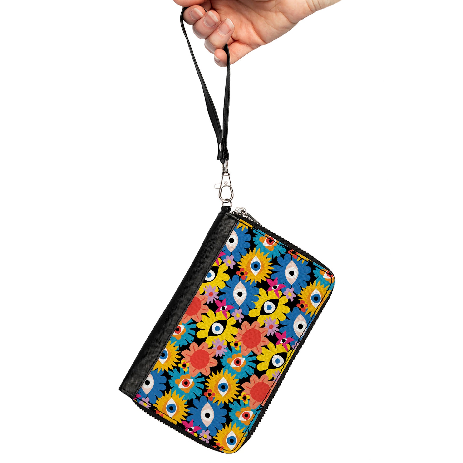 PU Zip Around Wallet Rectangle - Funky Eye Flowers Black/Multi Color Clutch Zip Around Wallets Buckle-Down   