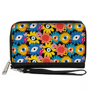 PU Zip Around Wallet Rectangle - Funky Eye Flowers Black/Multi Color Clutch Zip Around Wallets Buckle-Down   