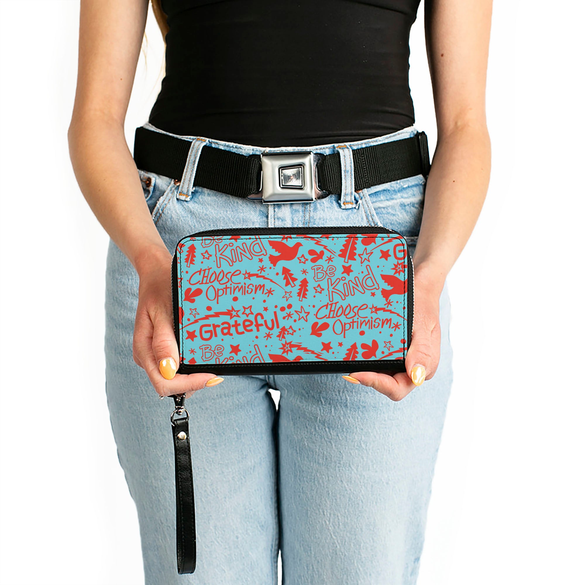 PU Zip Around Wallet Rectangle - GRATEFUL OPTIMISM BE KIND Icons Collage Blue/Red Clutch Zip Around Wallets Buckle-Down   