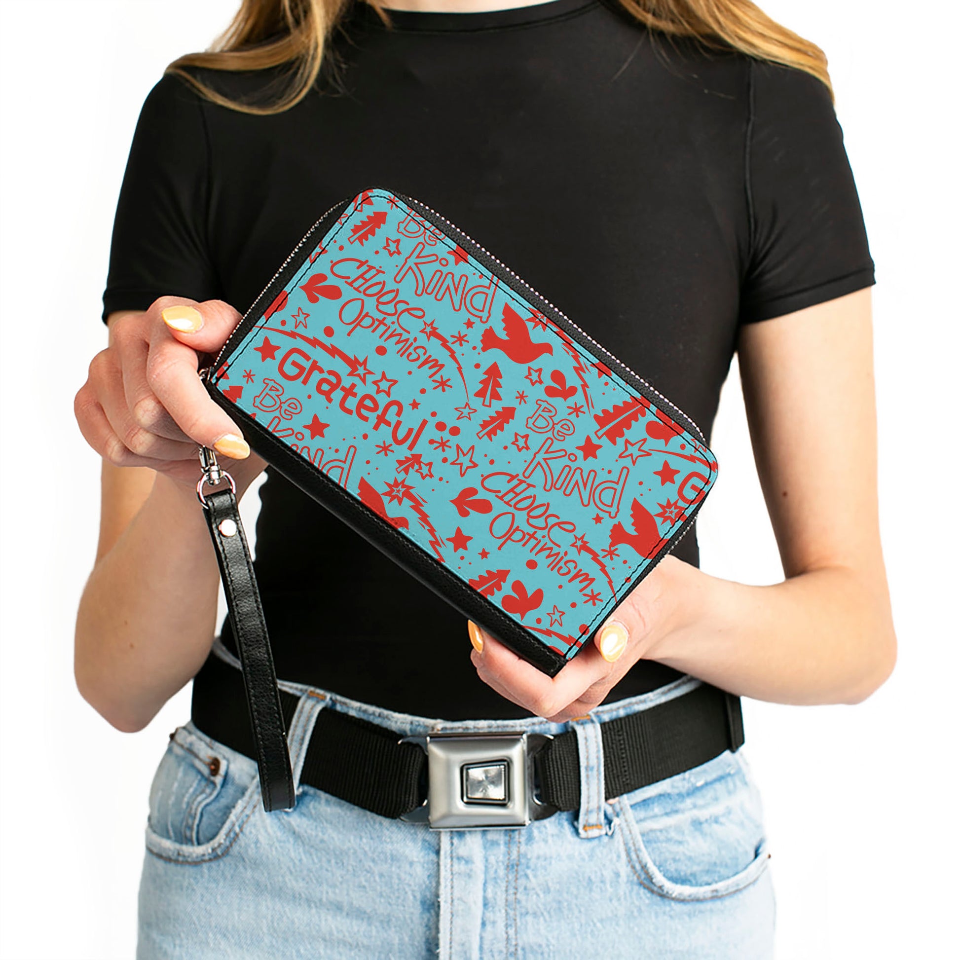 PU Zip Around Wallet Rectangle - GRATEFUL OPTIMISM BE KIND Icons Collage Blue/Red Clutch Zip Around Wallets Buckle-Down   