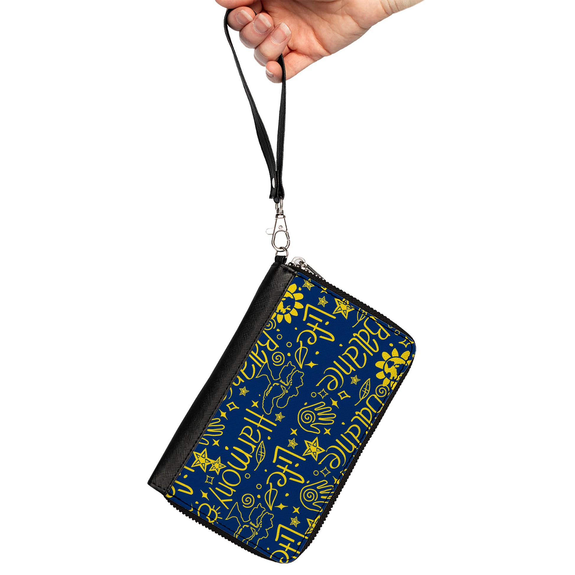 PU Zip Around Wallet Rectangle - HARMONY BALANCE LIFE Icons Collage Blue/Yellow Clutch Zip Around Wallets Buckle-Down   