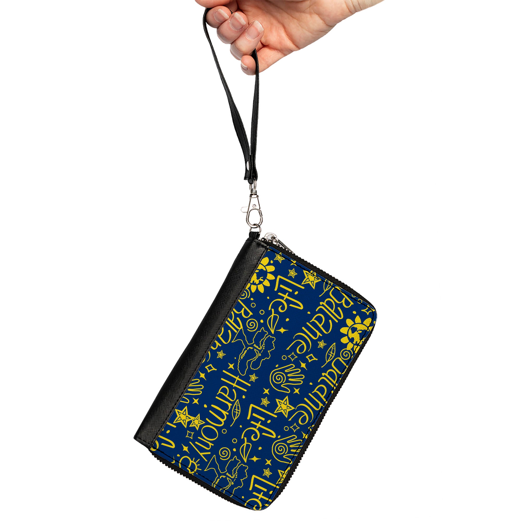 PU Zip Around Wallet Rectangle - HARMONY BALANCE LIFE Icons Collage Blue/Yellow Clutch Zip Around Wallets Buckle-Down   