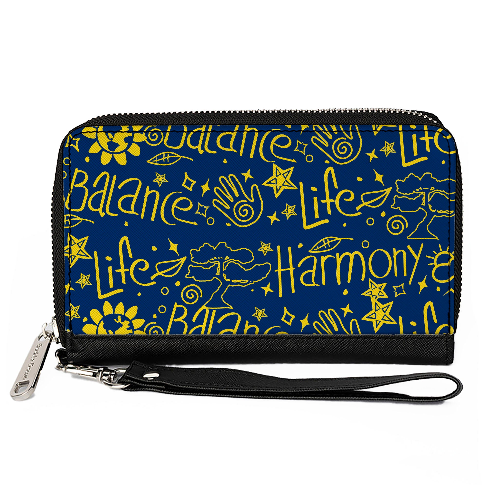 PU Zip Around Wallet Rectangle - HARMONY BALANCE LIFE Icons Collage Blue/Yellow Clutch Zip Around Wallets Buckle-Down   
