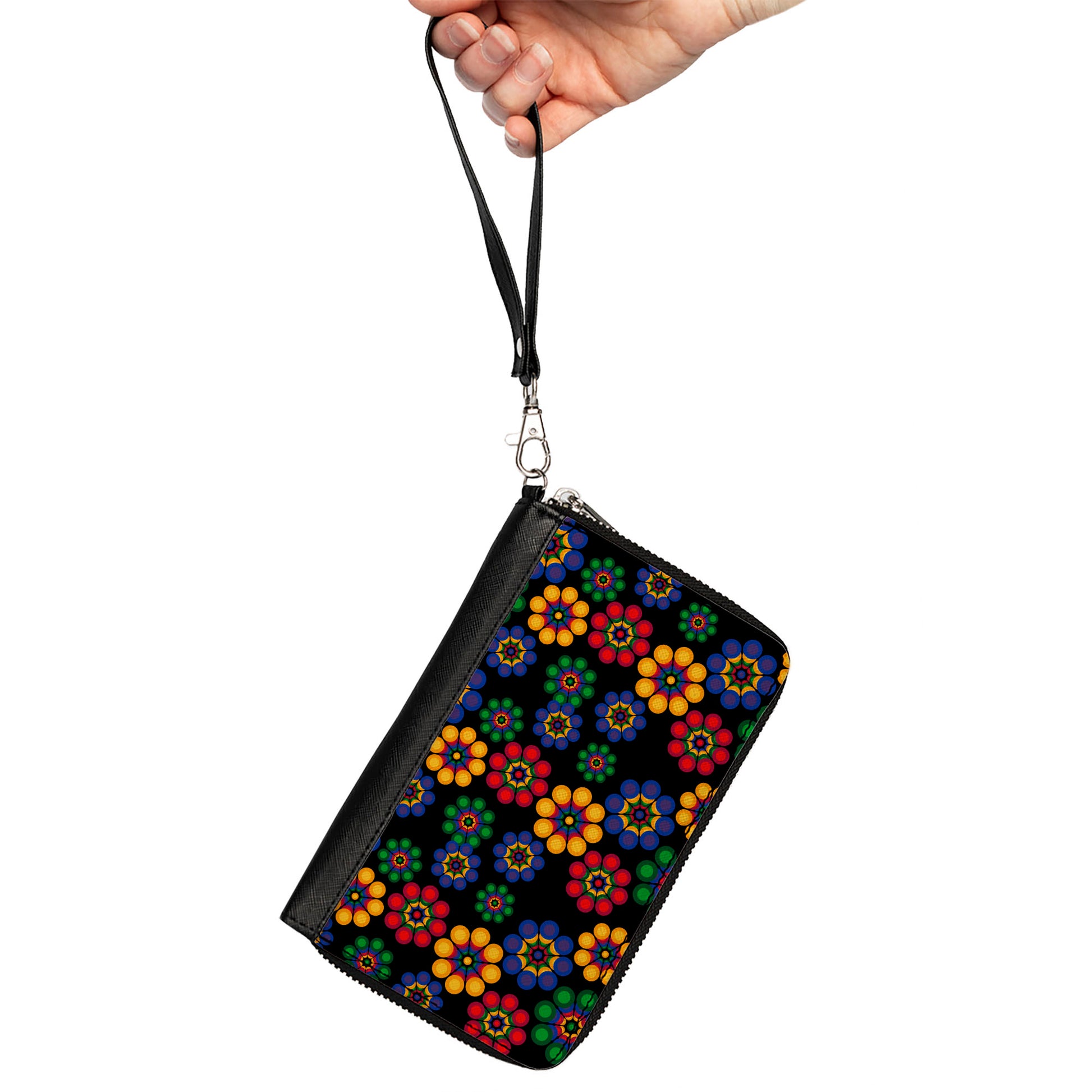 PU Zip Around Wallet Rectangle - Psychedelic Daisies Black/Multi Color Clutch Zip Around Wallets Buckle-Down   