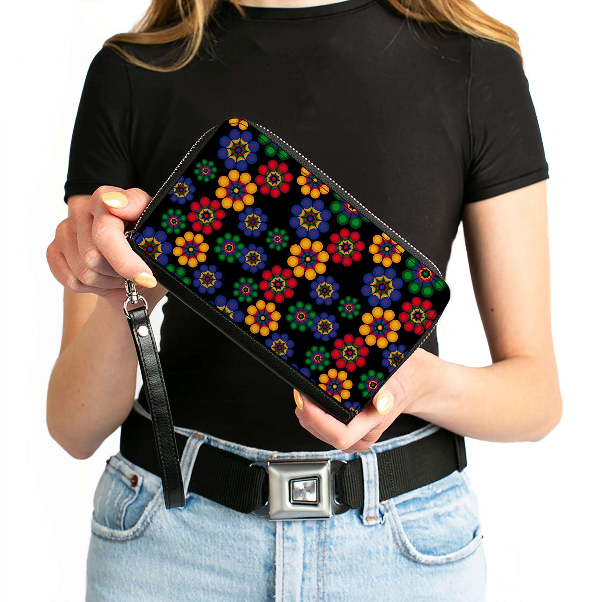 PU Zip Around Wallet Rectangle - Psychedelic Daisies Black/Multi Color Clutch Zip Around Wallets Buckle-Down   
