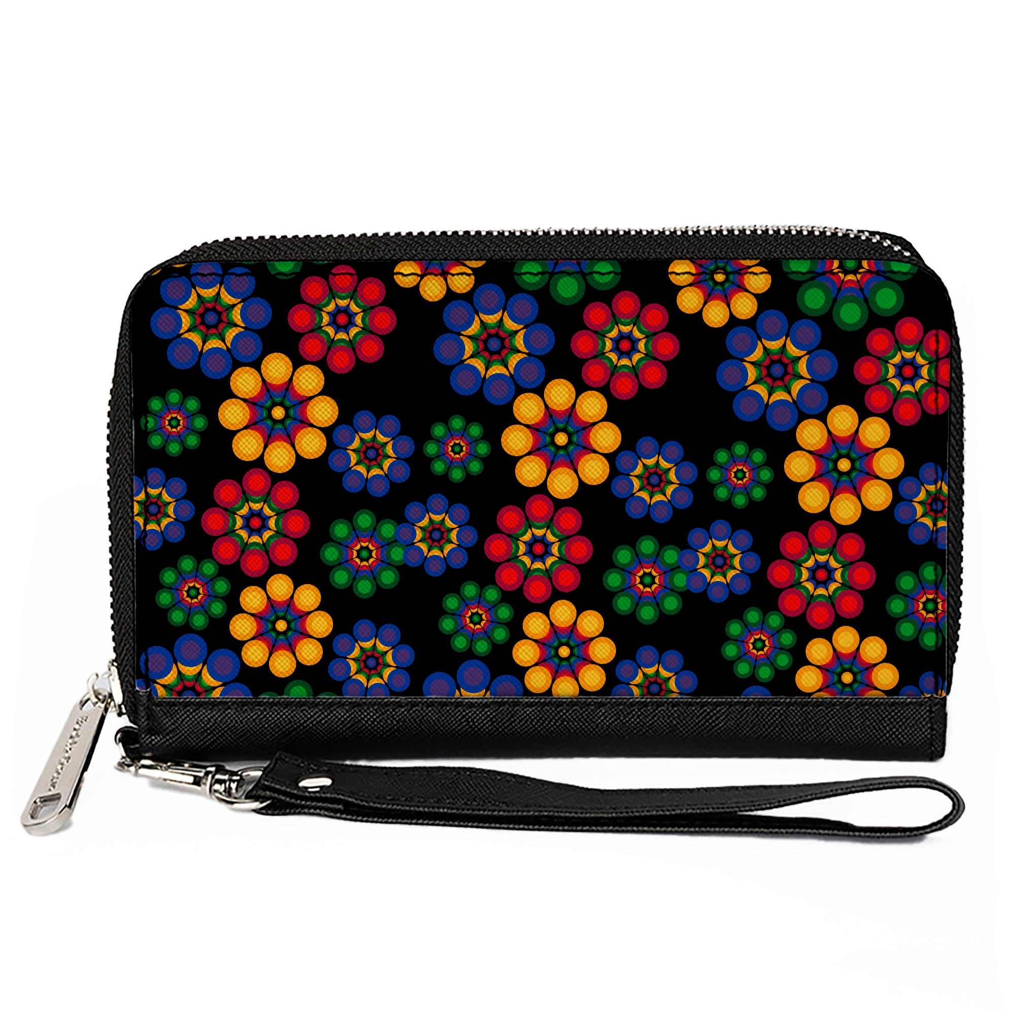 PU Zip Around Wallet Rectangle - Psychedelic Daisies Black/Multi Color Clutch Zip Around Wallets Buckle-Down   