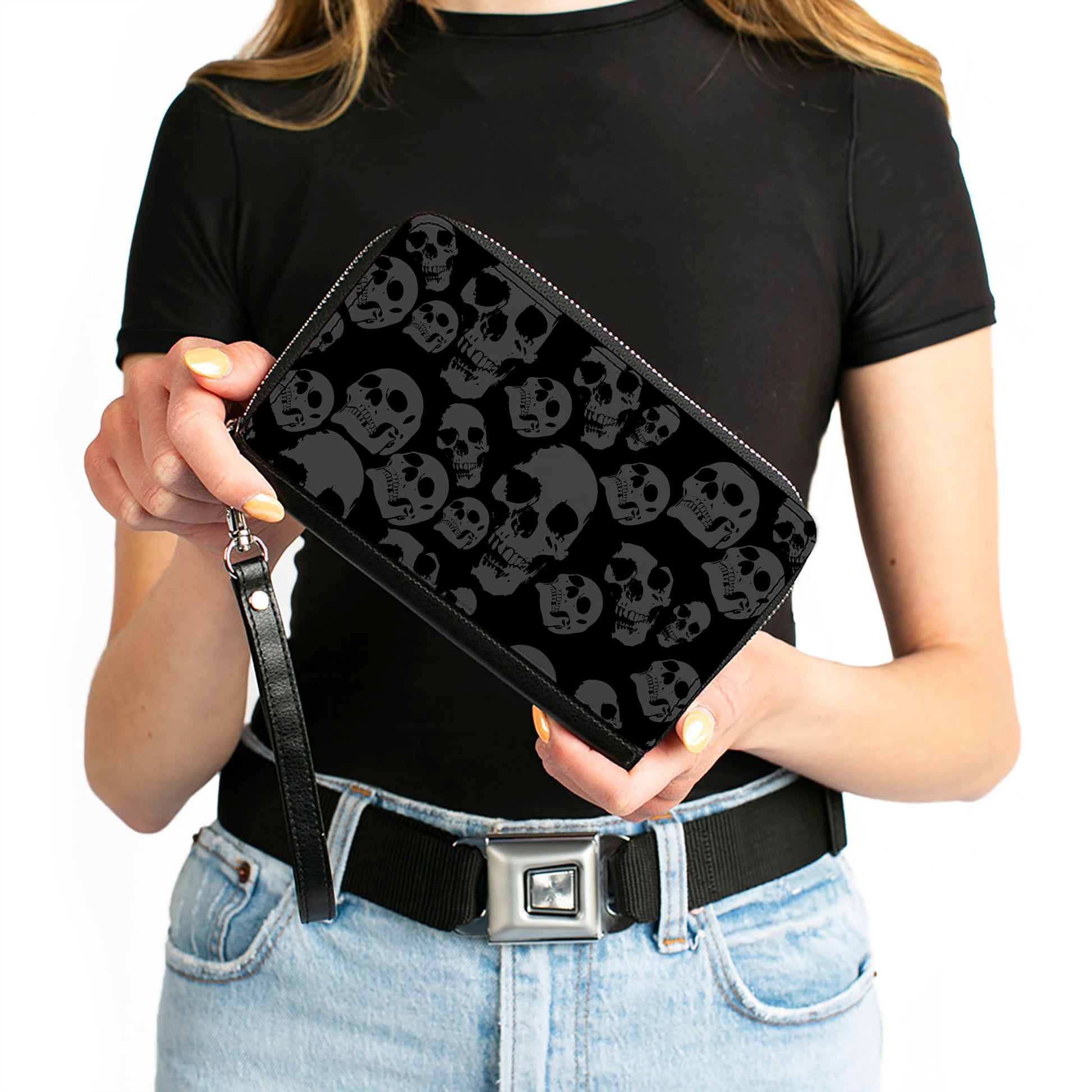 PU Zip Around Wallet Rectangle - Skulls Stacked Weathered Black/Gray Clutch Zip Around Wallets Buckle-Down   
