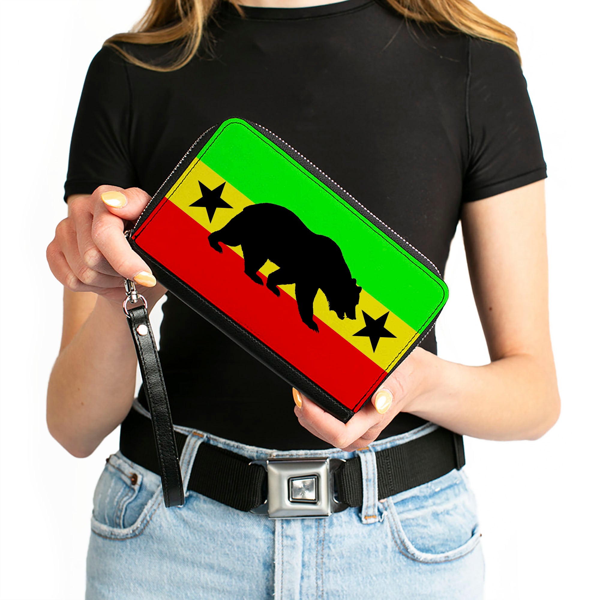 PU Zip Around Wallet Rectangle - Cali Bear/Star Silhouette Rasta/Black Clutch Zip Around Wallets Buckle-Down   