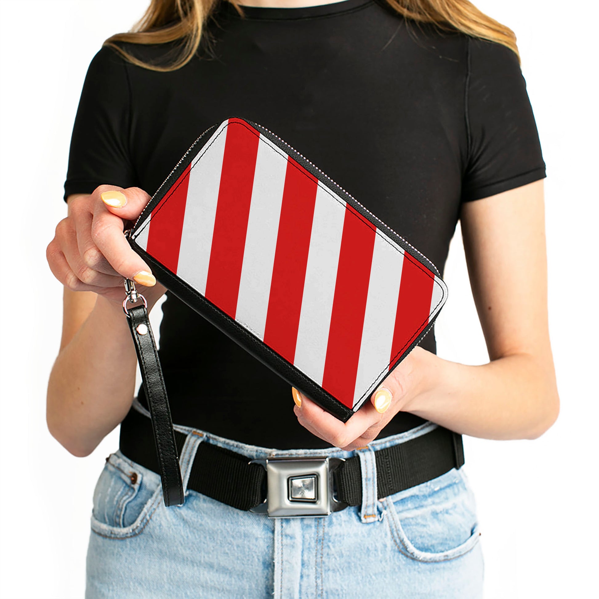 Women's PU Zip Around Wallet Rectangle - Candy Cane2 Stripe White Red Clutch Zip Around Wallets Buckle-Down   