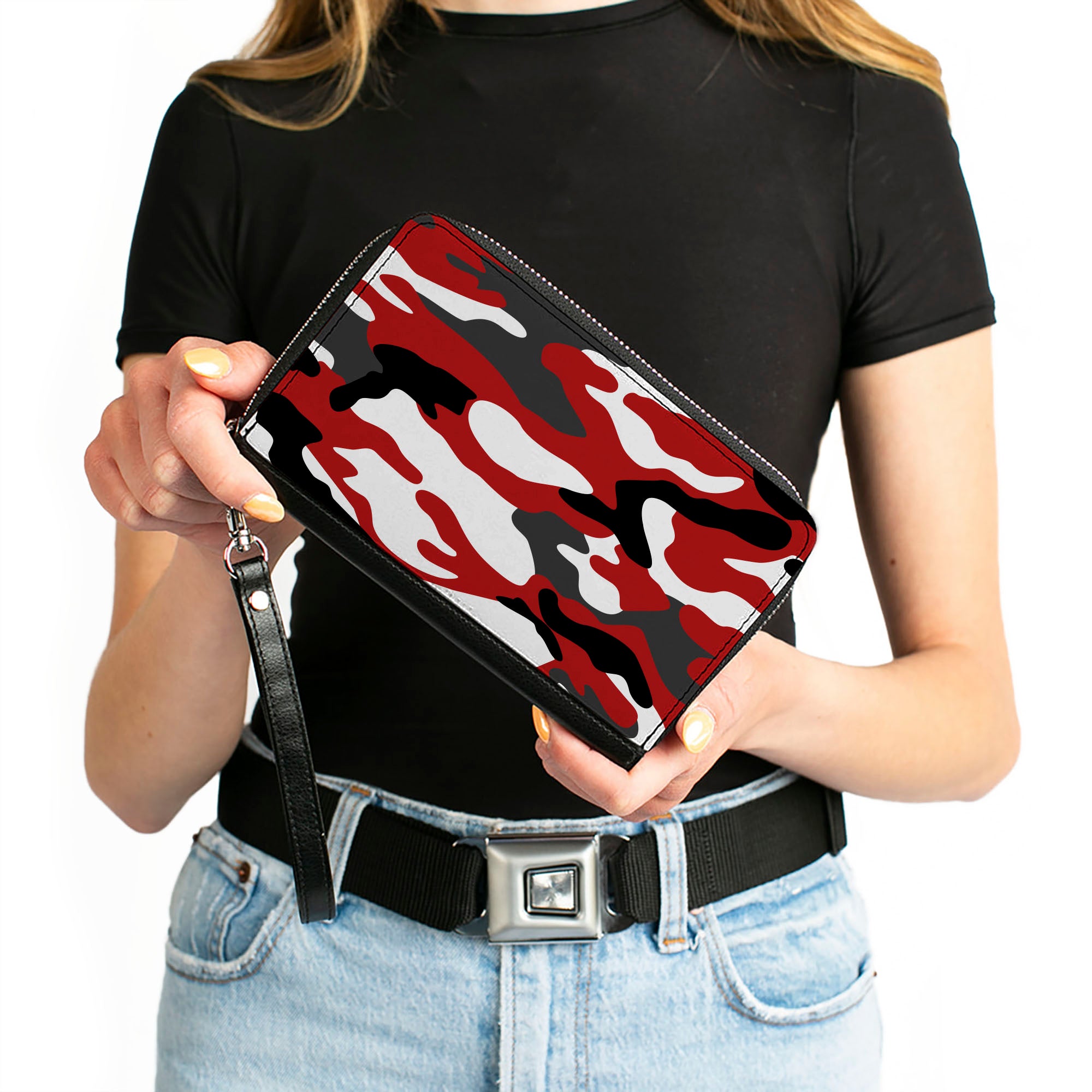Women's PU Zip Around Wallet Rectangle - Camo Red Black Gray White Clutch Zip Around Wallets Buckle-Down   