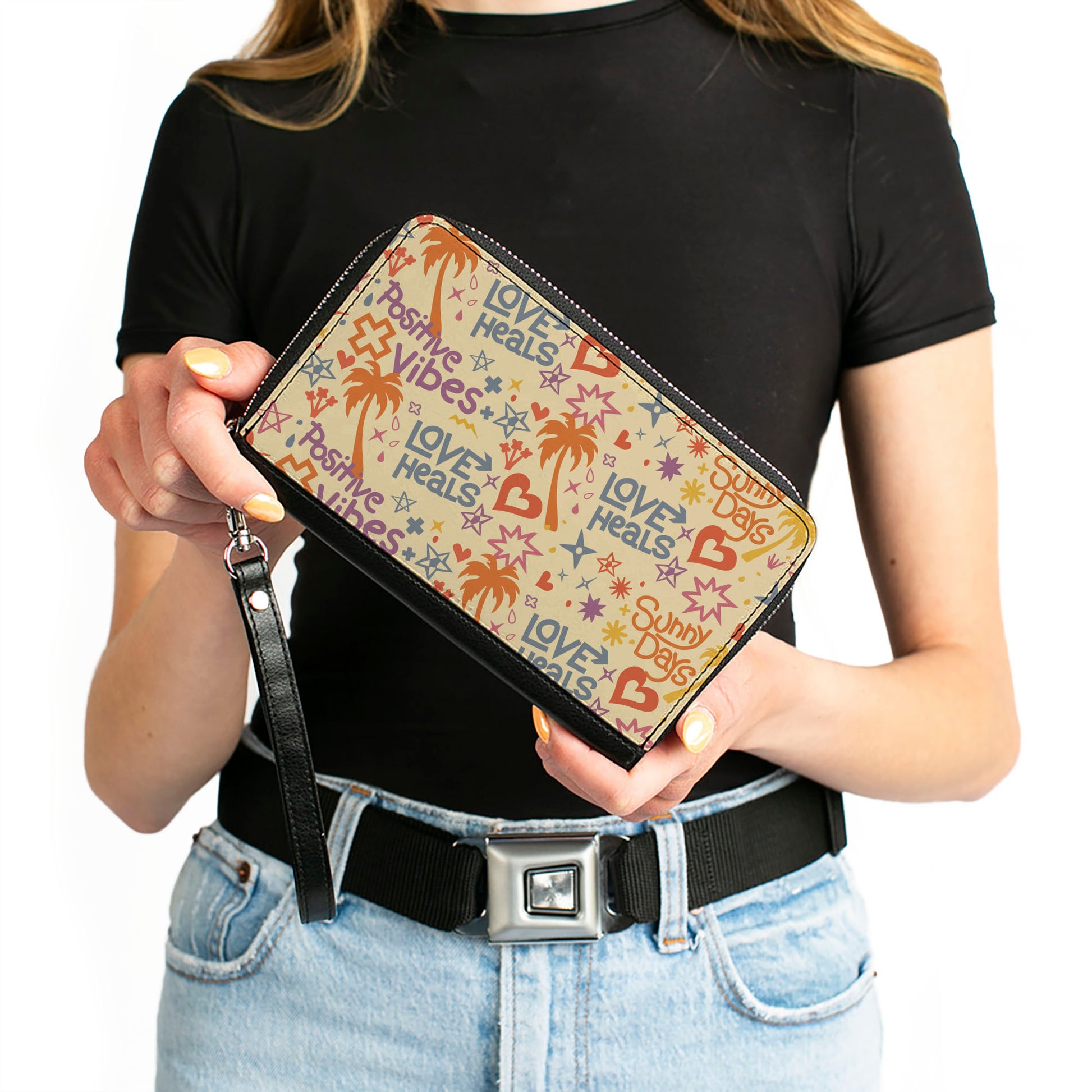 PU Zip Around Wallet Rectangle - Summer Harmony Collage Beige/Multi Color Clutch Zip Around Wallets Buckle-Down   