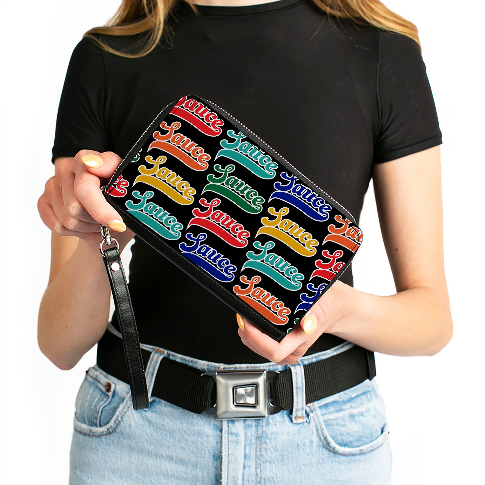 PU Zip Around Wallet Rectangle - SAUCE Baseball Script Black/Multi Color Clutch Zip Around Wallets Buckle-Down   