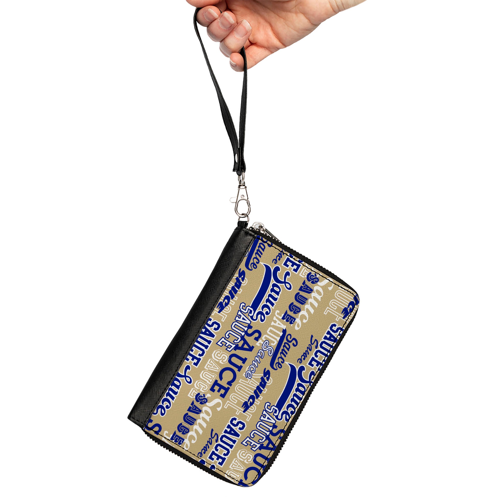 PU Zip Around Wallet Rectangle - SAUCE Typography Collage Tan/White/Blue Clutch Zip Around Wallets Buckle-Down   